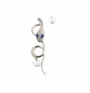 Long single earring in white gold, diamonds, motherpearl and sapphires