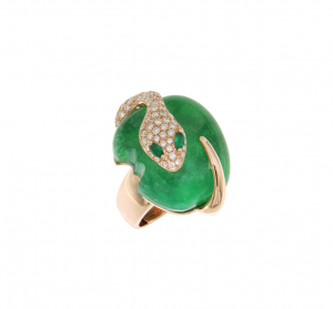 Ring in rose gold, diamonds, jade and emeralds