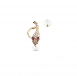 Single earring in rose gold, diamonds, mother of pearl and rubies