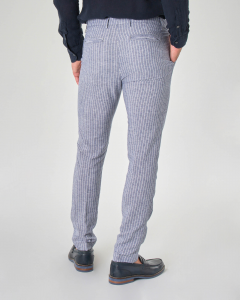 Pantalone chino blu gessato in misto lino e cotone con una pinces