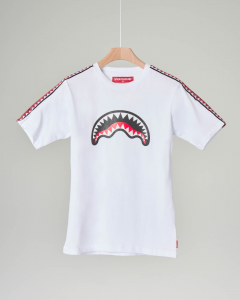 T-shirt bianca mezza manica con grafica bocca monster sul petto e bande in contrasto 10-14 anni