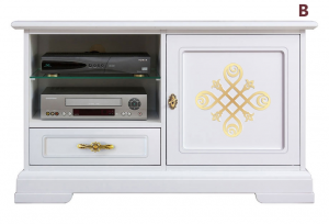 Lacquered tv cabinet with gold details