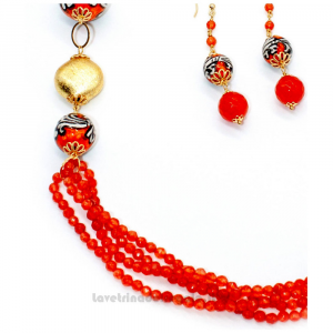Collana rossa con pietre dure di corniola e ceramica di Caltagirone - Gioielli Siciliani