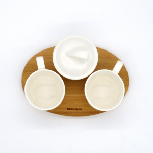 Vassoio caffè per 2 zuccheriera bianca porcellana e legno