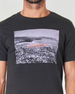T-shirt nera mezza manica con stampa fotografica e logo