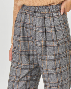 Pantaloni dritti in cotone misto lana grigi a fantasia check color cammello