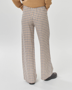 Pantaloni ampi in tessuto misto cotone a quadretti vichy beige blu e cammello con elastico in vita