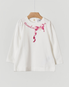 T-shirt bianca manica lunga con fiocco e logo rosa stampati 9-24 mesi