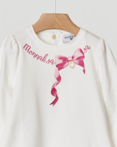 T-shirt bianca manica lunga con fiocco e logo rosa stampati 9-24 mesi