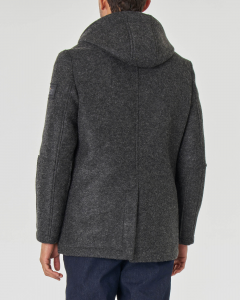 Giaccone grigio in lana cotta con cappuccio e doppia chiusura zip e bottoni