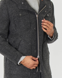 Giaccone grigio in lana cotta con cappuccio e doppia chiusura zip e bottoni