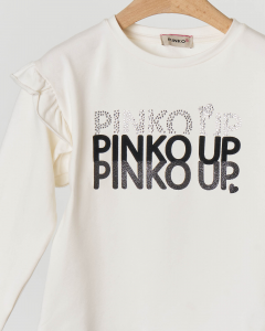 T-shirt bianca manica lunga con rouches e tre loghi Pinko Up sul petto 2-7 anni