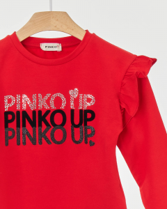 T-shirt rossa manica lunga con rouches e tre loghi Pinko Up sul petto 2-7 anni