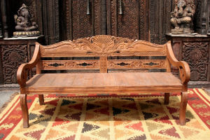 Day bed in legno di teak indonesiano con intagli floreali senza cuscino di seduta #1358ID1850