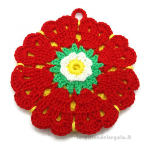 Presina fiore rosso rotonda ad uncinetto con cestino - Handmade in Italy