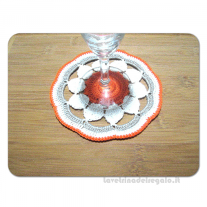 4 pz - Sottobicchiere arancione, bianco e grigio ad uncinetto 14 cm - Handmade in Italy