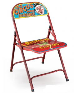 Circus - Sedia pieghievole in metallo con fantasie clown e circo, colore rosso stile vintage, dimensione: cm 51 x 46 x 75 h
