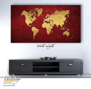World red gold - Stampa su tela del planisfero su sfondo rosso, con telaio in legno a fondo materico con foglia in oro, misure 62x115 cm / 77x143 cm / 100x180 cm