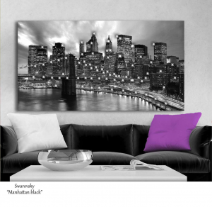 Manhattan black - Stampa su tela con applicazione di Swarovski della vista del famoso quartiere di New York, misure 62x115 cm / 77x143 cm / 100x180 cm