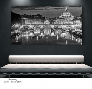 Roma - Tevere black - Stampa su tela con applicazione di Swarovski della vista di Roma e del Vaticano , misure 62x115 cm / 77x143 cm / 100x180 cm
