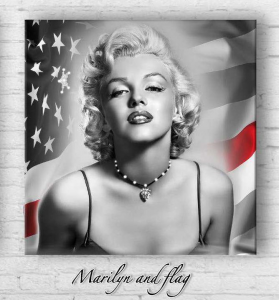 Marilyn and flag - Stampa su tela con applicazione di Swarovski della famosa attrice Marilyn Monroe con la bandiera americana sullo sfondo, misura 100x100 cm