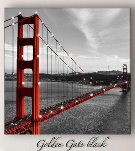 Golden Gate black - Stampa su tela con applicazione di Swarovski del ponte di San Francisco, misura 100x100 cm