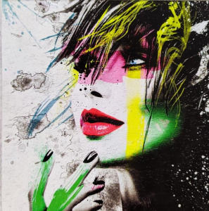 Woman punk - Stampa astratta su tela con telaio in legno colorata a fondo materico di donna, misure 80x80 cm / 100x100 cm