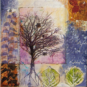 Tree and leaves - Stampa su tela astratta con telaio in legno colorata a fondo materico di un albero e foglie, misure 80x80 cm / 100x100 cm