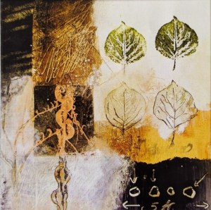 Leaves - Stampa astratta su tela con telaio in legno colorata a fondo materico di foglie, misure 80x80 cm / 100x100 cm