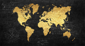 World gold - Stampa del planisfero su tela con telaio in legno a fondo materico con foglia in oro, misure 62x115 cm / 77x143 cm / 100x180 cm