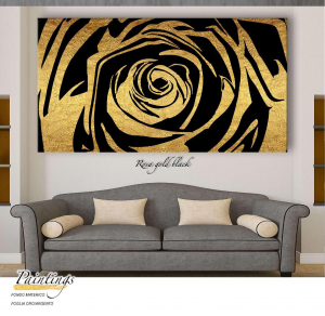 Rosa gold black - Stampa su tela con telaio in legno a fondo materico con foglia in oro, misure 62x115 cm / 77x143 cm / 100x180 cm