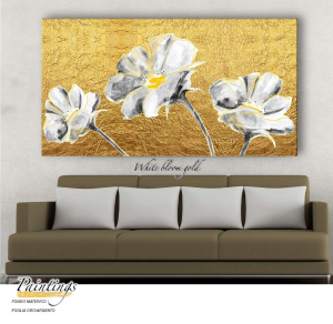 White bloom gold - Stampa su tela di 3 fiori bianchi, con telaio in legno a fondo materico con foglia in oro, misure 62x115 cm / 77x143 cm / 100x180 cm