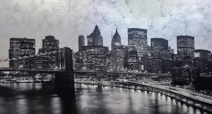 Manhattan black silver - Stampa su tela con telaio in legno a fondo materico con foglia in argento, misure 62x115 cm / 77x143 cm / 100x180 cm