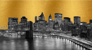Manhattan black gold - Stampa su tela con telaio in legno a fondo materico con foglia in oro, misure 62x115 cm / 77x143 cm / 100x180 cm