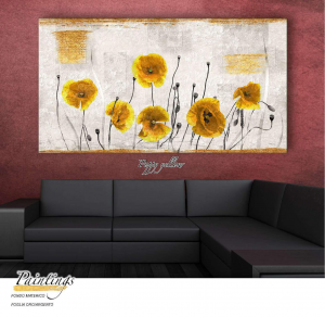 Poppy yellow - Stampa su tela di fiori gialli con telaio in legno a fondo materico con foglia in oro, misure 62x115 cm / 77x143 cm / 100x180 cm