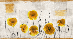 Poppy yellow - Stampa su tela di fiori gialli con telaio in legno a fondo materico con foglia in oro, misure 62x115 cm / 77x143 cm / 100x180 cm