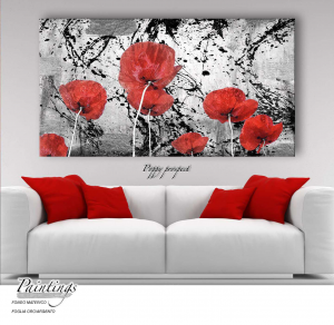 Poppy prospect - Stampa su tela di papaveri rossi, con telaio in legno a fondo materico, con foglia in argento, misure 62x115 cm / 77x143 cm / 100x180 cm