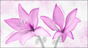  Purple lily - Stampa su tela di gigli viola, con telaio in legno a fondo materico, con foglia in argento, misure 62x115 cm / 77x143 cm / 100x180 cm