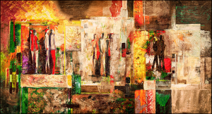 People brown - Stampa astratta colorata con persone su tela, con telaio in legno a fondo materico con foglia in oro, misure 62x115 cm / 77x143 cm / 100x180 cm