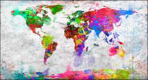 Mondo splash - Stampa colorata su tela del planisfero, con telaio in legno a fondo materico: misure 62x115 cm / 77x143 cm / 100x180 cm