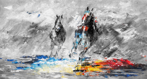 Cavalli colors - Stampa colorata astratta su tela, di cavalli in corsa, con telaio in legno a fondo materico: misure 62x115 cm / 77x143 cm / 100x180 cm