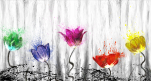 Flowers bells - Stampa astratta su tela con fiori colorati con telaio in legno a fondo materico: misure 62x115 cm / 77x143 cm / 100x180 cm