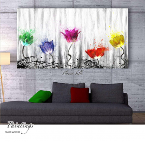 Flowers bells - Stampa astratta su tela con fiori colorati con telaio in legno a fondo materico: misure 62x115 cm / 77x143 cm / 100x180 cm