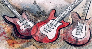 Guitars - Stampa su tela con telaio in legno a fondo materico, misure 62x115 cm / 77x143 cm / 100x180 cm