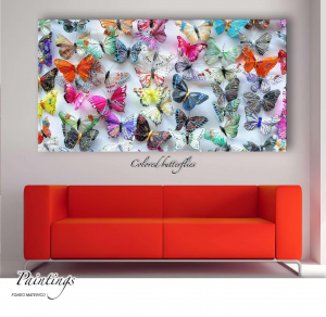 Colored butterflies - Stampa su tela con telaio in legno a fondo materico misure 62x115 cm / 77x143 cm / 100x180 cm