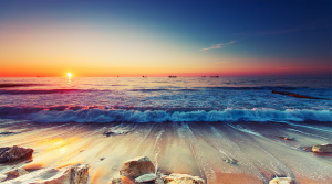 Blue sky - Stampa digitale su Plexiglass® di un tramonto in spiaggia, con cielo azzurro: misure 100x150 cm / 100x180 cm