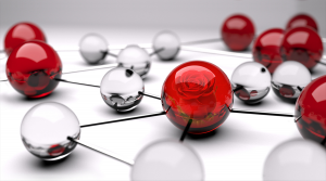 Red balls - Stampa digitale su Plexiglass® di sfere rosse collegate ad altre sfere; misure 100x150 cm / 100x180 cm