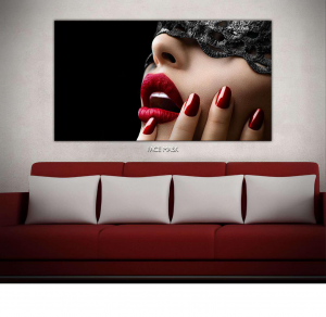 Face mask - Stampa digitale su Plexiglass® di una donna con labbra rosse e mascherina sugli occhi, misure 100x150 cm / 100x180 cm