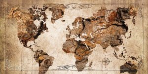 World - Stampa su tela con telaio in legno di un planisfero con effetto legno, misure 200x240 (2 tele 100x240) / 300x240 (2 tele 150x240)