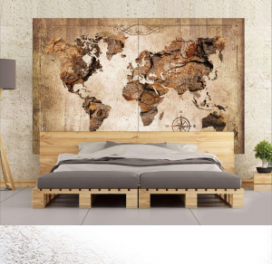 World - Stampa su tela con telaio in legno di un planisfero con effetto legno, misure 200x240 (2 tele 100x240) / 300x240 (2 tele 150x240)